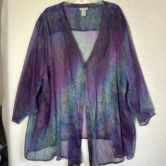 Catherines Sweaters - Maggie Barnes Catherines 5X Purple Teal Sheer Button Cardigan Top Plus Size